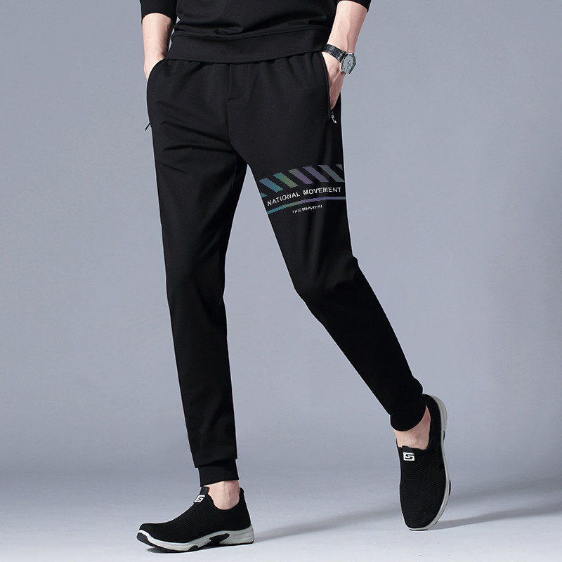 裤子男秋季男生个性印花潮牌ins韩版潮流黑色修身男士男裤运动裤