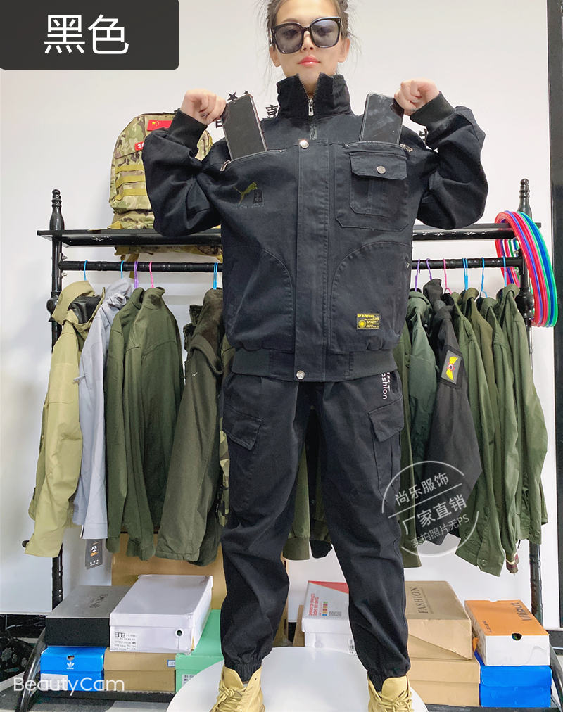 厚款军绿色弹力套装工作服耐磨