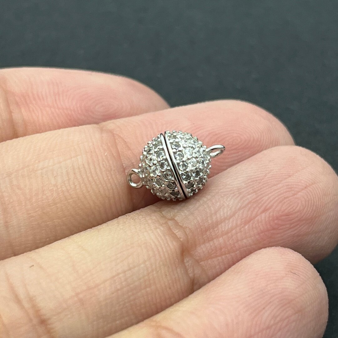 S925纯银满钻磁吸收尾扣手工串珠球形磁铁收尾扣DIY手工饰品配件
