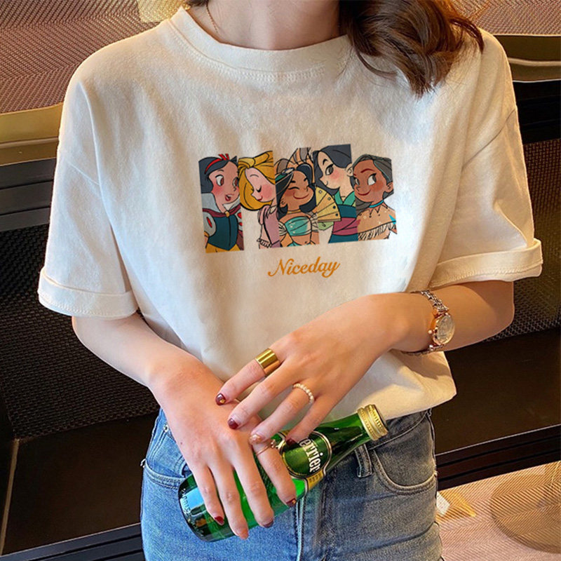 韩国春夏白色短袖t恤女复古卡通韩版宽松休闲百搭打底衫时尚上衣