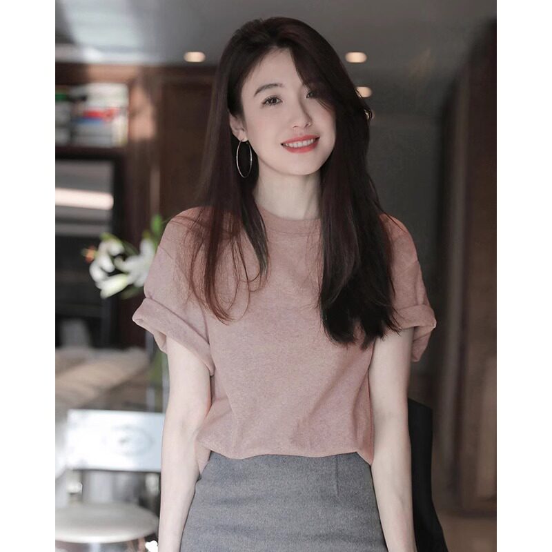 韩版2026夏法式粉色别致冰丝短袖t恤女设计感小众显瘦休闲上衣潮