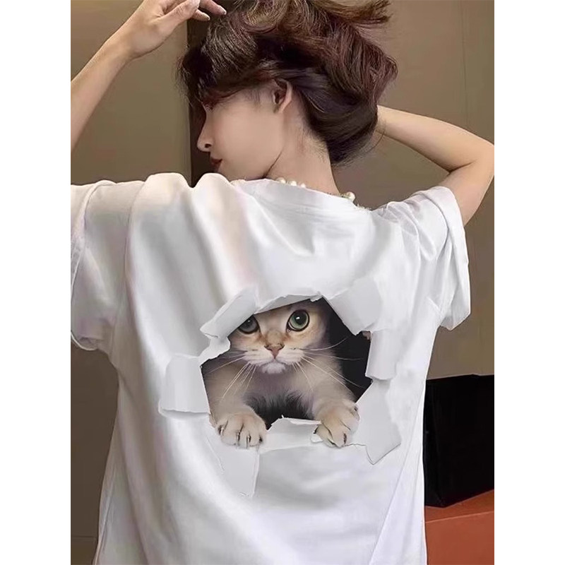 韩版夏2026新情侣装上衣欧货大版洋派白色猫咪印花潮牌短袖T恤女