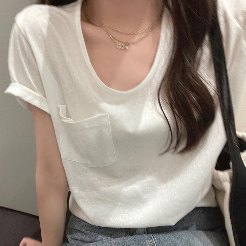 法式白色正肩短袖T恤女夏设计感口袋打底小衫宽松休闲百搭上衣潮