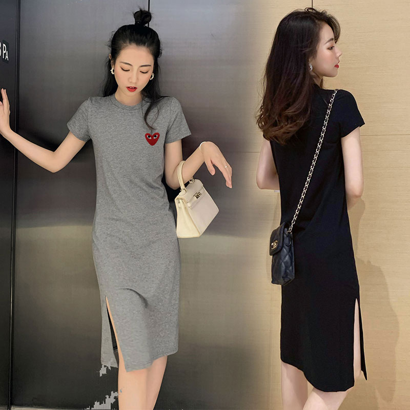 韩国夏新款爱心短袖开叉洋装女宽松大尺码休闲中长版显瘦T恤裙潮