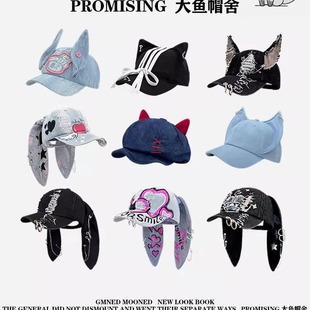小众个性暗黑可爱狐狸耳朵金属扣鸭舌帽子男女春夏兔耳弯檐棒球帽