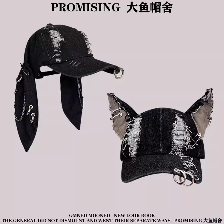 废土风y2k设计师个性铁环牛仔破洞棒球帽子女立体耳朵鸭舌帽街头