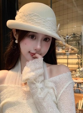 羊毛蕾丝蝴蝶结礼帽女秋冬法式白色贝雷帽千金赫本复古毡帽盆帽子