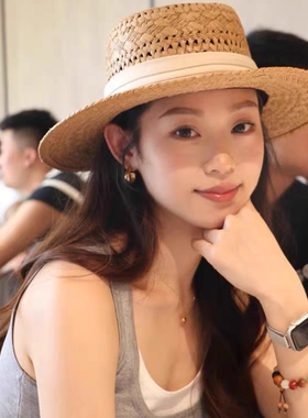 法式老钱风镂空草帽女夏出游海边沙滩礼帽遮阳防晒帽平顶太阳帽子