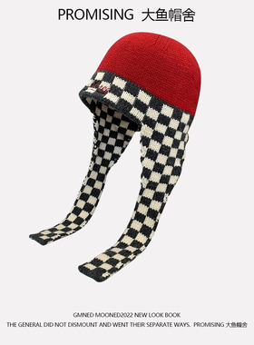 韩版ins小众复古棋盘格针织毛线帽男女秋冬保暖圆顶护耳雷锋帽潮