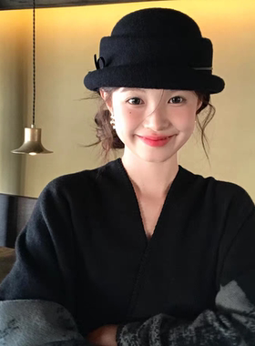 『国风款』帽子女2025新款留洋千金风礼帽赫本风贝雷帽黑色渔夫帽