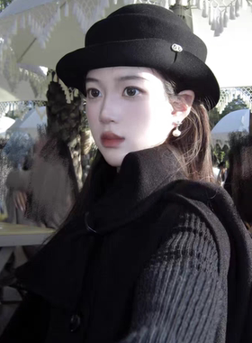 黑色赫本风羊毛呢千金帽子女秋冬