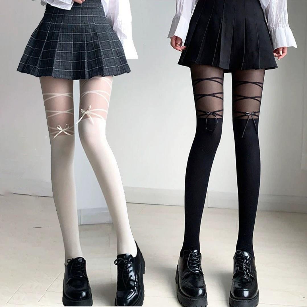 拼接丝袜日系秋款蝴蝶结夏季甜辣妹袜子连脚假高筒黑丝连裤袜 B03