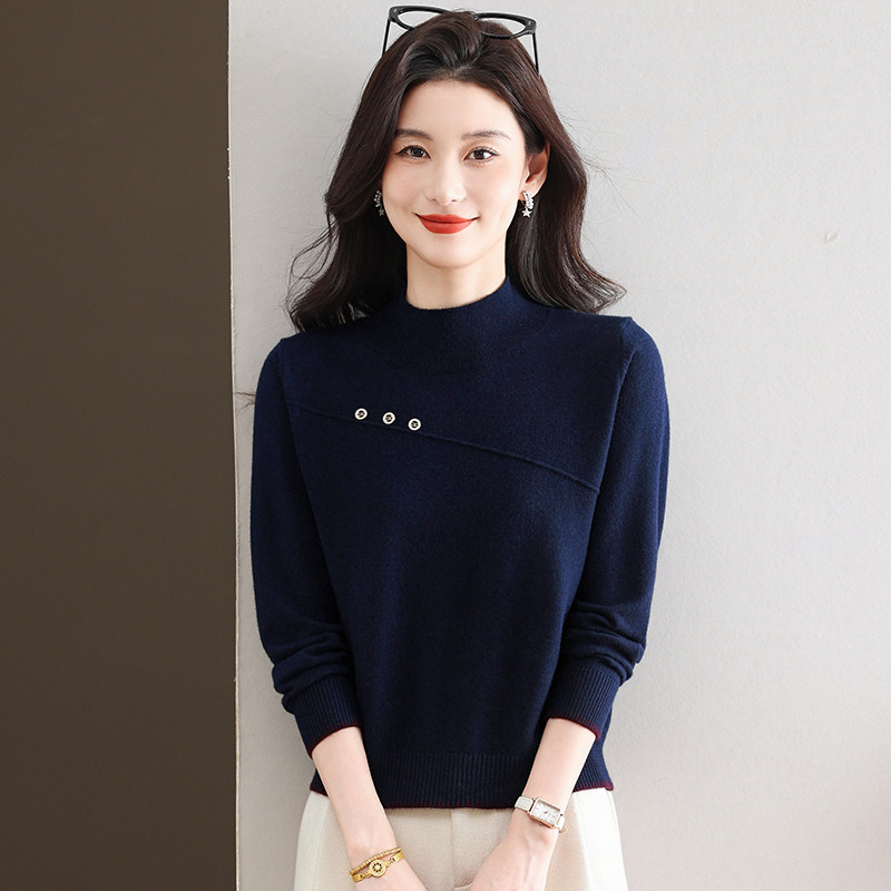 2025秋冬新款100纯羊毛女士红色毛衣针织打底衫百搭上衣羊绒衫潮