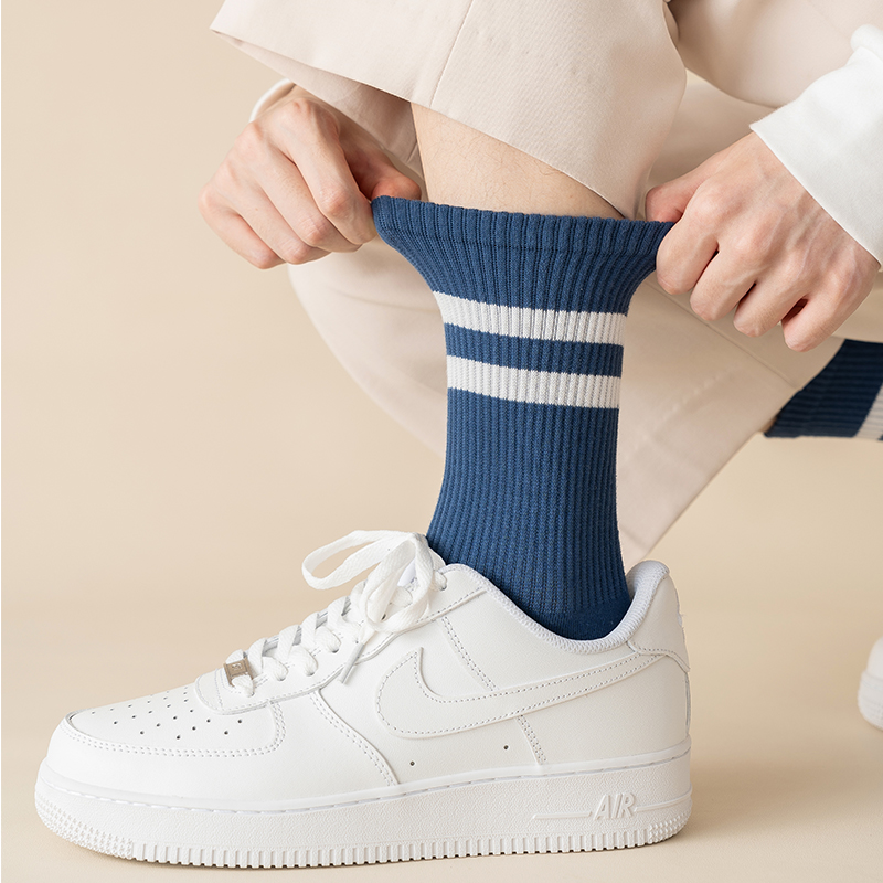 二杠条纹中筒袜纯棉吸汗透气男