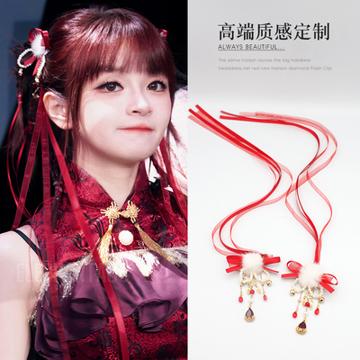 中式红色蝴蝶结对夹喜庆毛球发夹