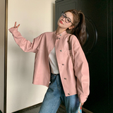 粉色立领短款皮衣外套女春秋2025超火好看高级小众甜酷机车服夹克，女装皮衣，浙宝183