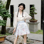 刺绣上衣蓝色碎花百褶半身裙 小个子新中式 国风马面裙短裙春季 新款