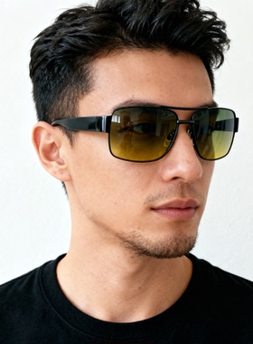 男士日夜驾驶镜偏光墨镜变色太阳镜男款长方形大弯度黑色茶片眼镜