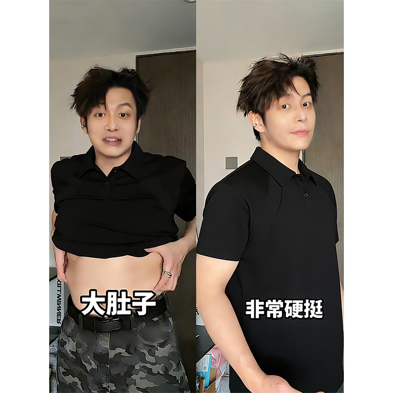 黑色正肩短袖polo衫夏季胖男生肚子大遮肉显瘦t恤美式高级感半袖