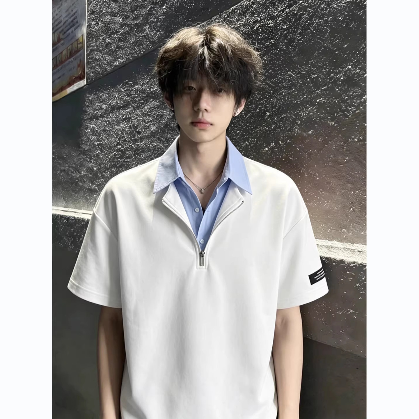 thumbnail for White fake two-piece straight-shoulder short-sleeved men's polo shirt summer shirt collar stitched T-shirt youthful style wear half sleeves