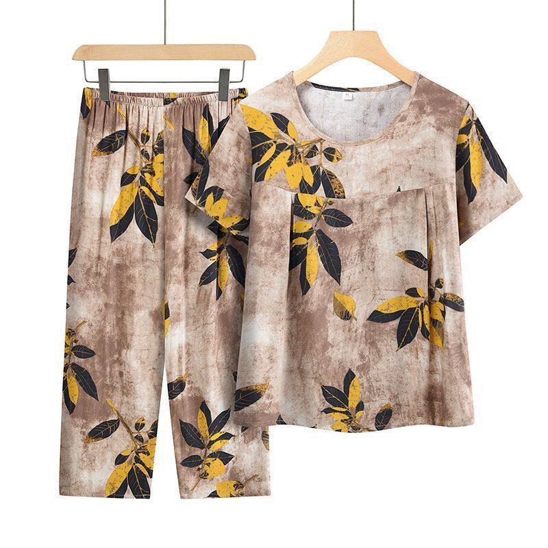 妈妈夏装上衣短袖凉快遮肚子中老年女装女士T恤宽松时尚气质套装