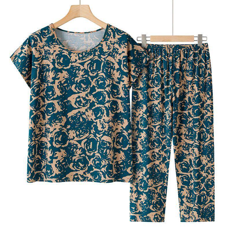 妈妈夏装上衣短袖凉快遮肚子中老年女装女士T恤宽松时尚气质套装