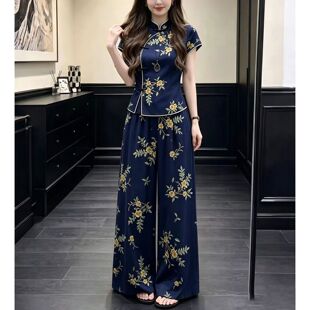 2026夏季新款国风复古改良旗袍上衣阔腿裤子套装时尚流行女两件套