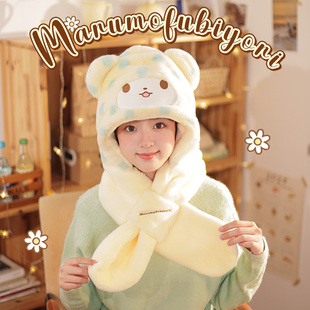 女可爱保暖加厚围脖连帽 三丽鸥毛毯熊帽子围巾一体毛绒两件套冬季