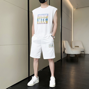 t恤短褲 寬肩背心套裝 無(wú)袖 休閑運(yùn)動(dòng)服跨欄砍袖 男夏季 搭配一套帥氣