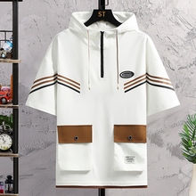连帽短袖t恤男士夏季白色工装半袖衣服潮牌卫衣凉感冰丝男生衣服