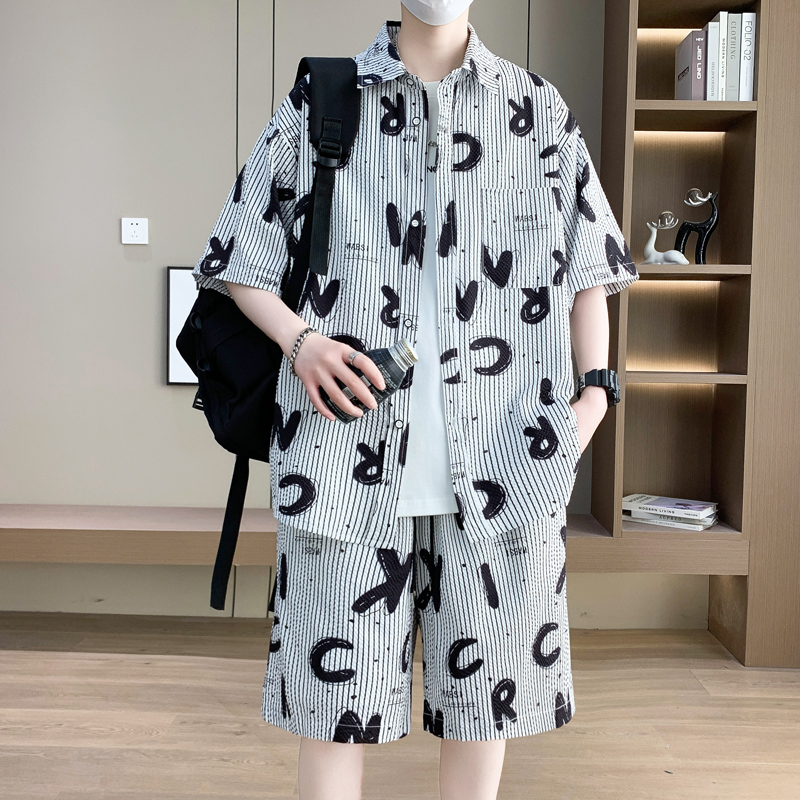 竖条纹衬衫男套装夏季