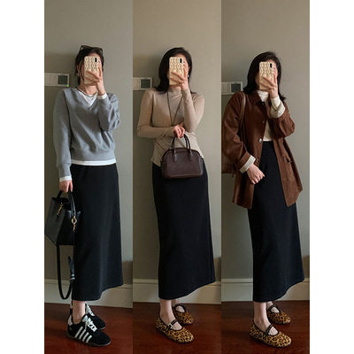 花总吖  秋冬2025新款黑色高腰加绒加厚弹力冬季半身裙通勤长裙女