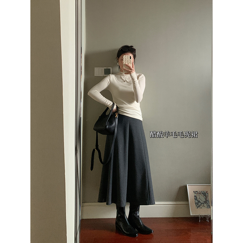 花总吖 秋冬新款韩系高智灰羊毛拼接毛呢半身裙480克厚款拼片伞裙