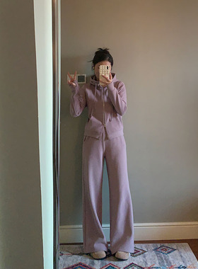 花总吖  秋冬新款烟紫色lu感连帽双开拉链休闲运动套装双面绒厚款