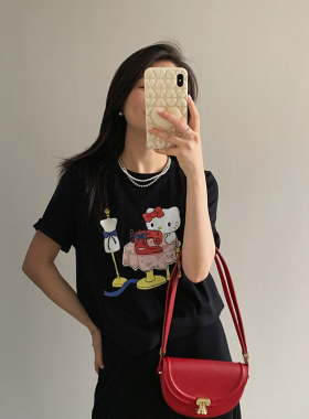 花总吖  夏款韩系撞色KT印花正肩宽松大版短袖显瘦百搭圆领黑色T