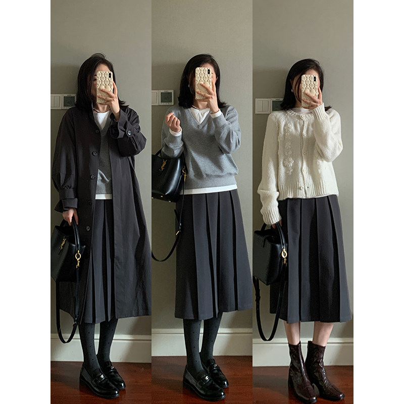 花总吖 秋冬新款韩系简约miu系显瘦百褶半身裙设计感百褶中长半裙