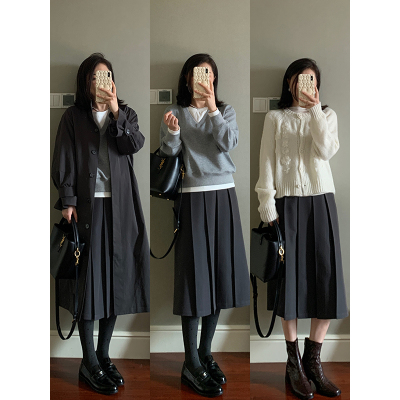 花总吖 秋冬新款韩系简约miu系显瘦百褶半身裙设计感百褶中长半裙