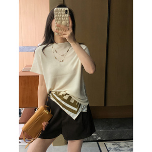 花总吖  夏款高智感显贵圆领插肩短袖针织衫醋酸高密棉混纺短袖