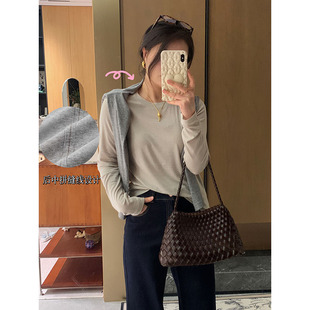花总吖 春款老钱风简约莱赛尔羊毛混纺T恤薄款正肩微宽松打底衫