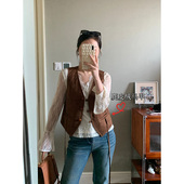 韩系可可色复古叠穿麂皮马甲小个子V领无袖 花总吖 春秋新款 坎肩