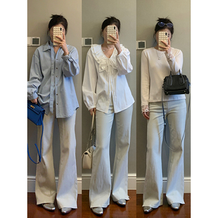 花总吖【听风】春季新款韩系简约百搭宽松显瘦微喇裤灰白色牛仔裤