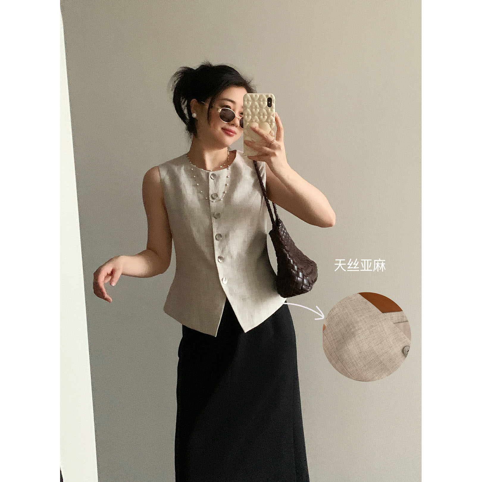 花总吖  夏款韩女老钱感莱赛尔亚麻混纺轻薄马甲立体裁剪修身马甲