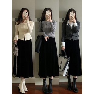 伞裙高腰显瘦中长款 秋冬新款 花总吖 女士丝绒A字半身裙 现货款