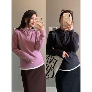 花总吖 秋冬新款设计感山羊绒撞色lu感拉链连帽衫软糯亲肤打底衫