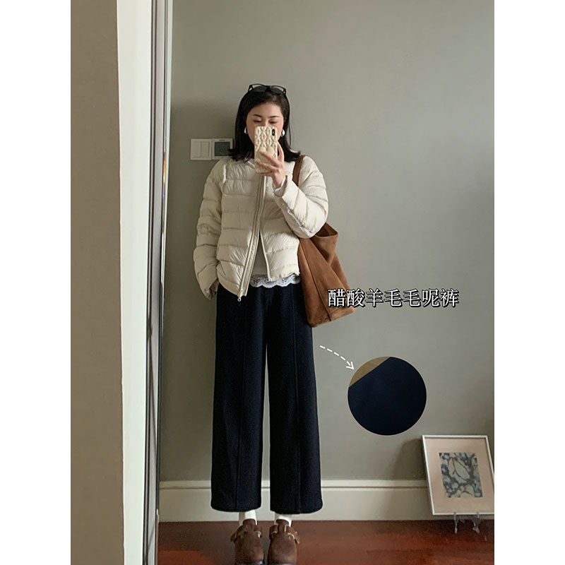 花总吖  秋冬精致通勤醋酸羊毛九分毛呢裤后松紧直筒480克休闲裤