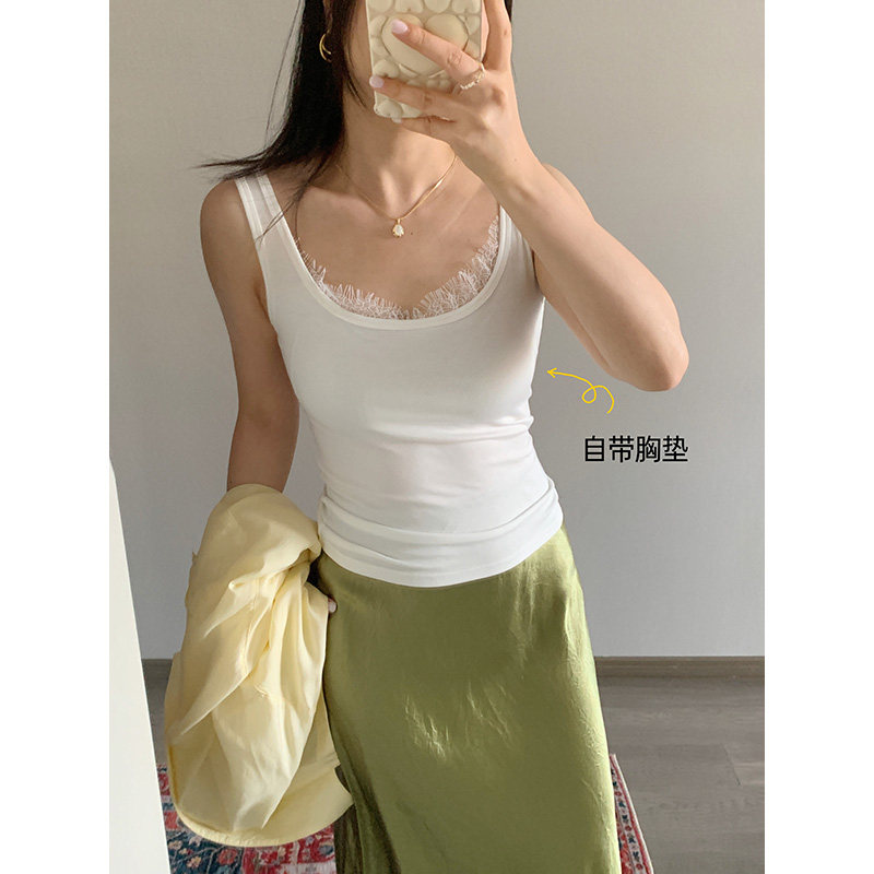 花总吖  夏款简约小性感蕾丝拼接乳胶胸垫内里背心宽肩带显瘦吊带