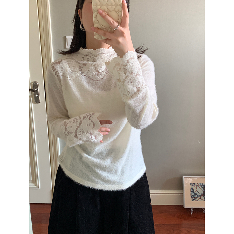 花总吖  秋冬新款法式镂空蕾丝花边打底长绒毛软糯宽松打底蕾丝衫