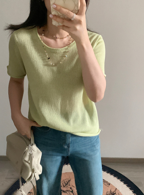 花总吖   夏款韩系苹果绿天丝亚麻卷边针织短袖简约慵懒感宽松T恤