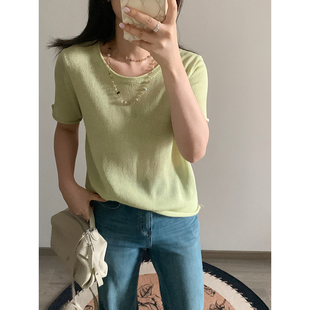 花总吖   夏款韩系苹果绿天丝亚麻卷边针织短袖简约慵懒感宽松T恤