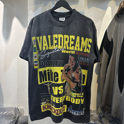 2025夏季新款美式潮牌Vale拳王阿里宽松嘻哈洗水做旧复古短袖T恤